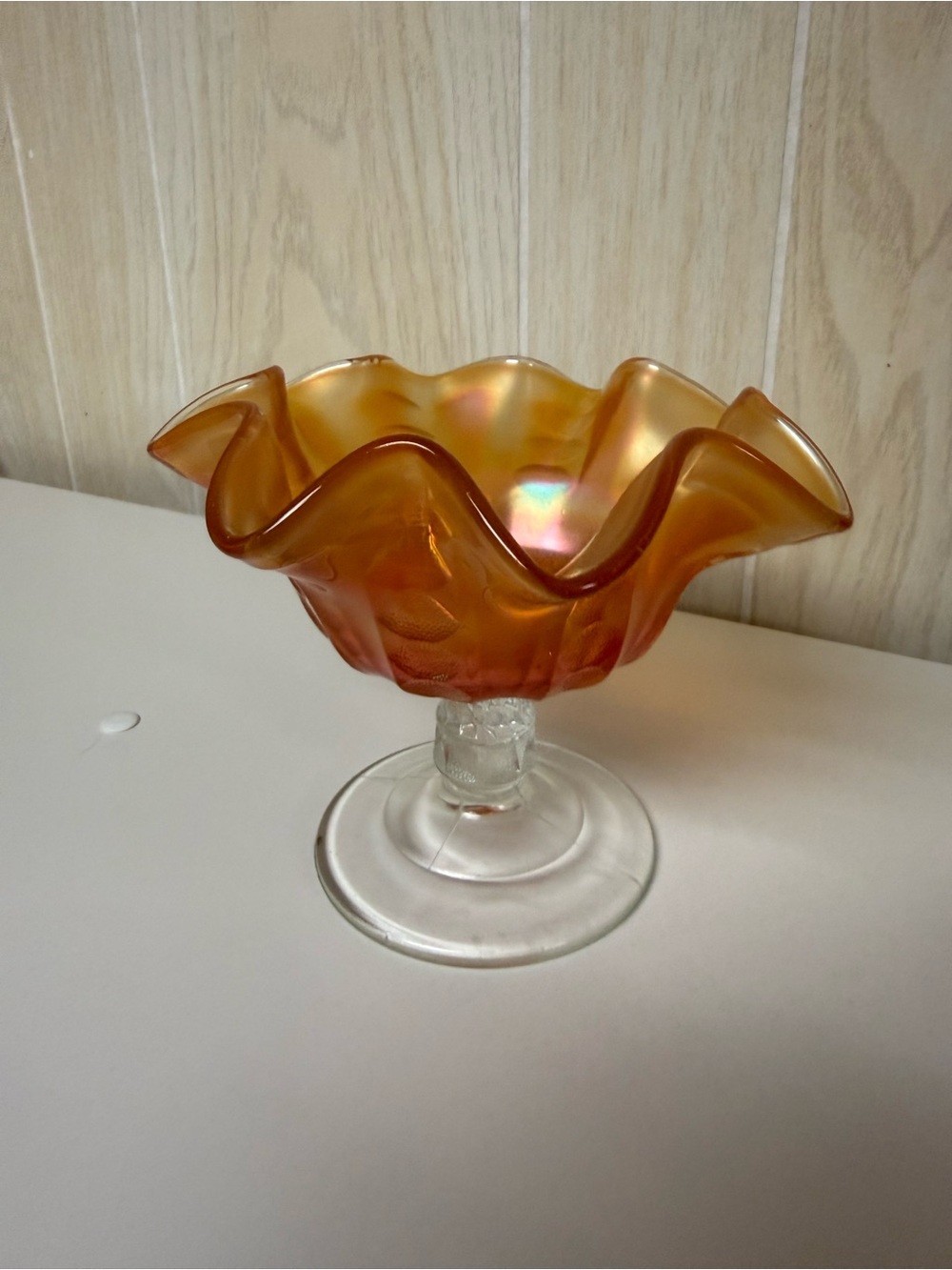 Fenton Amber-Orange Iridescent Ruffled Compote - Picture 3 of 3
